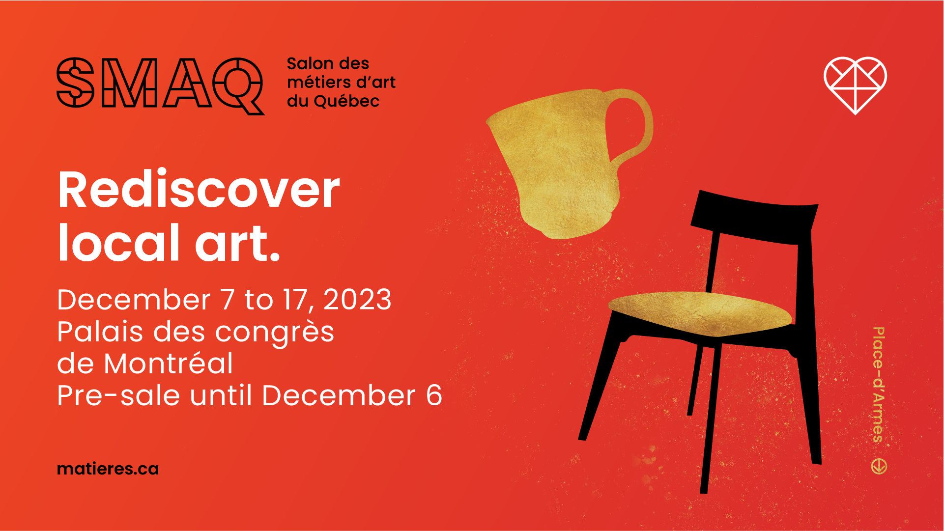 Leading visual for SMAQ 2023 : chair and cup gold on red dates and presale fee