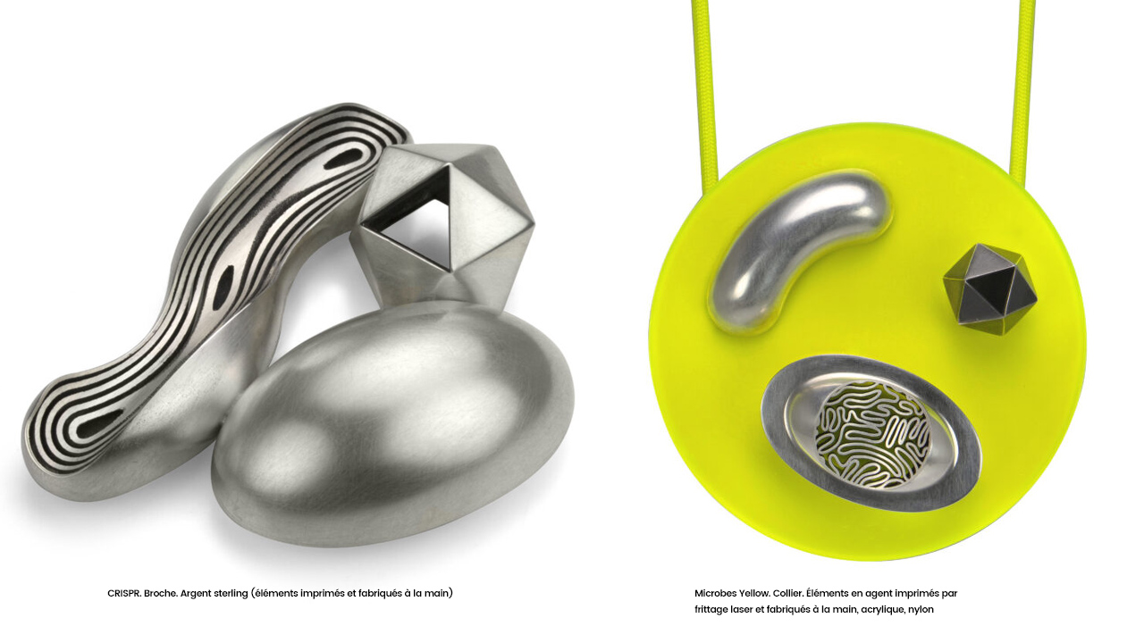 CRISPR. Broche. Argent sterling _ Microbes Yellow. Collier.